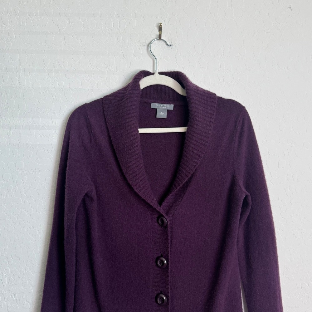 Ann Taylor Cashmere Cardigan Plum Purple Shawl Collar Button Front Sweater M - Picture 2 of 10